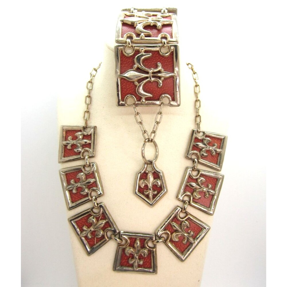 Vintage Fleur De Lis Panel Bracelet and Necklace Set Faux Leather Gold Tone
